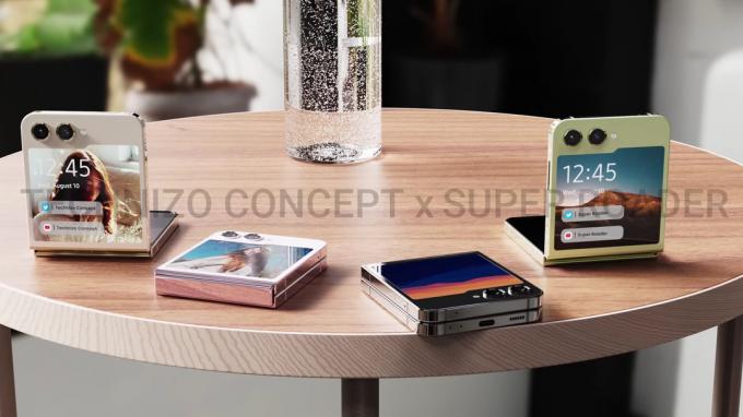Galaxy Z Flip 5 convept renderöinti pöydällä