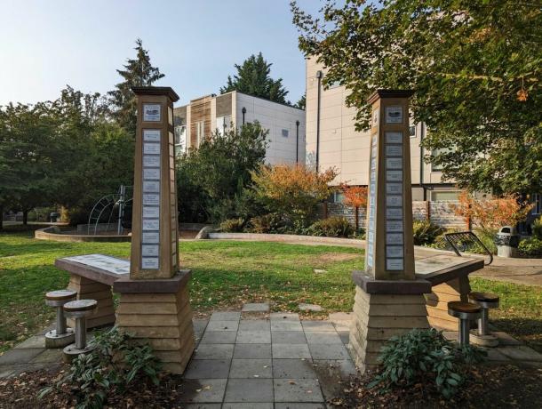 Zwei Säulen am Eingang eines Parks, aufgenommen mit dem Pixel 7.