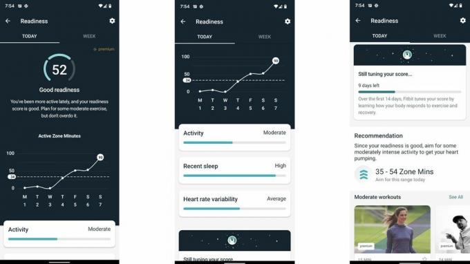Capturas de tela do aplicativo Fitbit mostrando gráficos e recomendações de pontuação de prontidão diária.