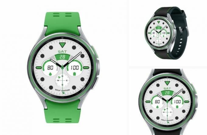 Galaxy Watch 6 Classic avec des accents verts sur le cadran et le bouton d'alimentation ainsi qu'un bracelet vert et noir