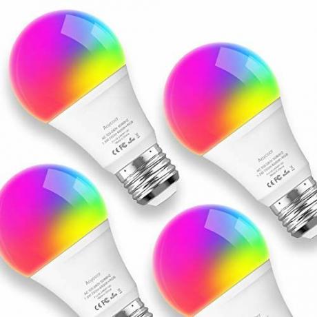 Smart Lights LED-lampa dagsljus Aoycocr (6500K) 7,5W A19 - Medium skruvbas (E26) - 750 Lumen (65W ekvivalent) - Dimbar - RGB-färgbyte - Röststyrning - Ingen hubb krävs - UL-listad - 4-pack