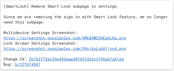 Fjern Smart Lock Settings underside Gerrit commit
