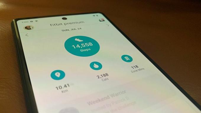 „Fitbit“ programos prietaisų skydelis, kuriame rodomos aktyvios zonos minutės