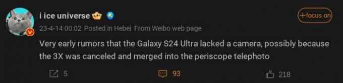 Gerucht van Ice Universe over de telelenssensor van de Galaxy S24 Ultra