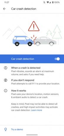 Página de detección de accidentes automovilísticos en la aplicación Seguridad personal