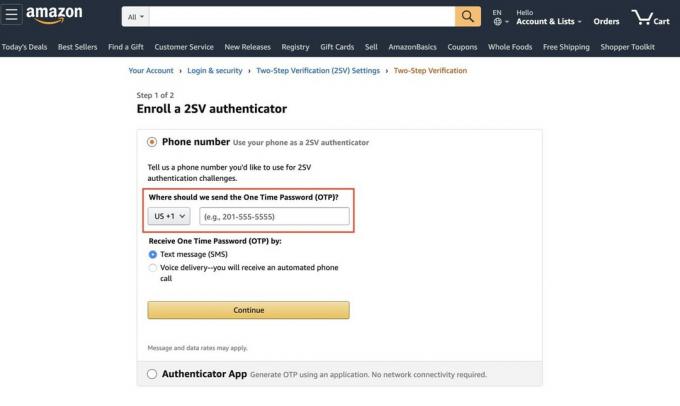 Telefonnummer för tvåstegsverifiering från Amazon 