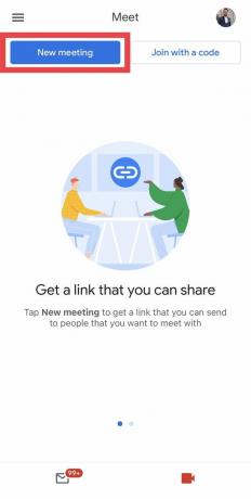 Naujas „Google Meet“ susitikimas „Gmail“ programoje.