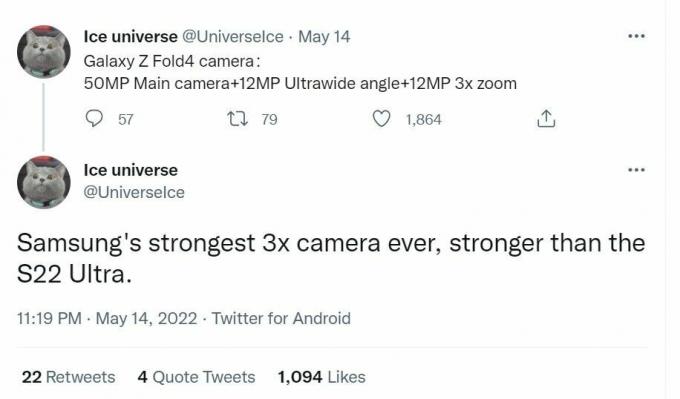 Tvit Ice universe o nadgradnji kamere Galaxy Z Fold 4