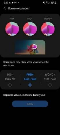Meniul de rezoluție a ecranului Samsung One Ui Beta 4