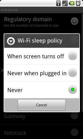 Política de hibernação de WiFi Android
