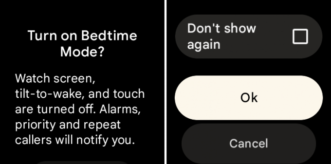 Confirmez que vous souhaitez démarrer le mode Heure du coucher sur Pixel Watch