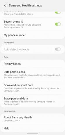 A Samsung Health alkalmazás beállításainak képernyőképe