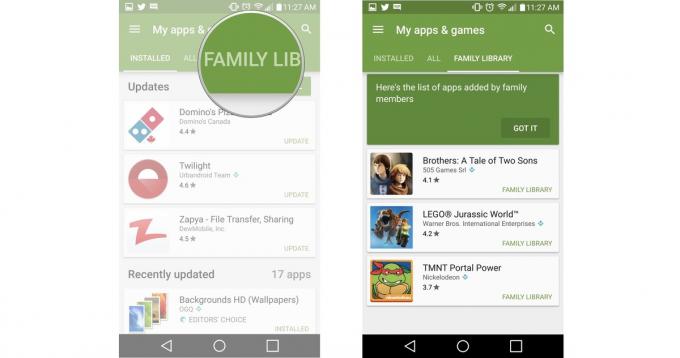 Trykk på Familiebibliotek-fanen. Du ser listen over apper og spill som er tilgjengelige for hele familiegruppen din. 