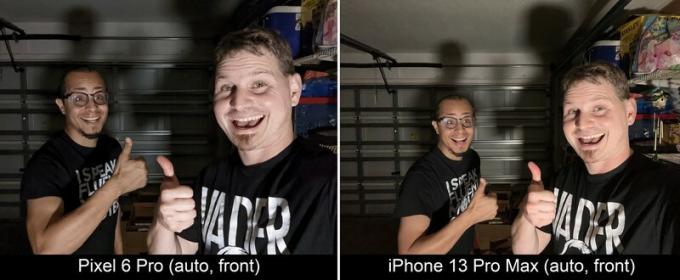 „Pixel 6 Pro“ ir „iPhone 13 Pro Max Front Night“.