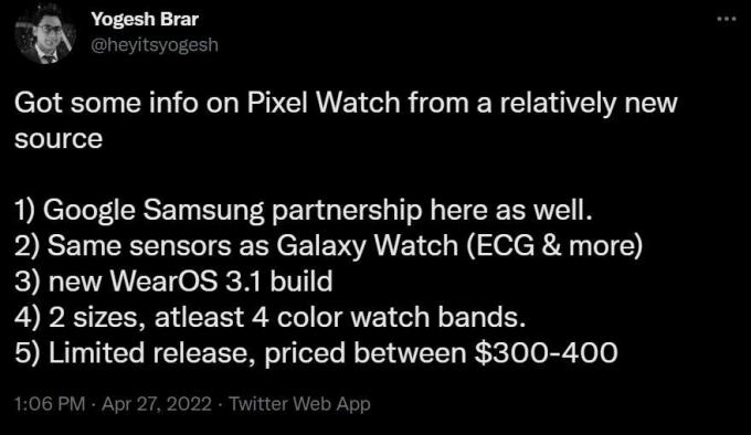 Yogesh Brar säutsub Pixel Watchi hinna ja saadavuse kohta