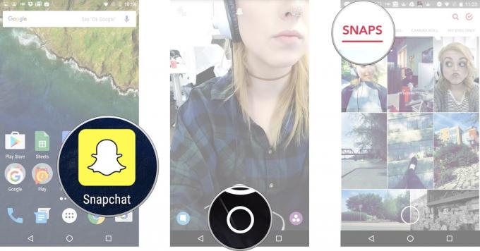 Pokrenite Snapchat s početnog zaslona i dodirnite manji bijeli krug ispod gumba okidača za pristup Memorijama. Dodirnite karticu Snaps.