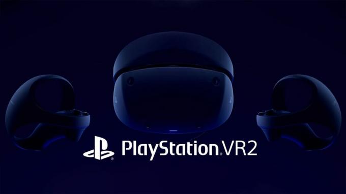 PlayStation VR2 -kuulokkeet ja ohjaimet tuotelogolla
