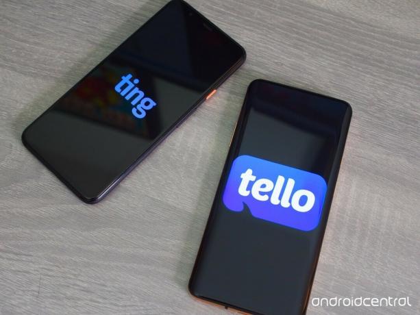 Ting och Tello-logotyper på en Google Pixel 4 XL och OnePlus 7 Pro