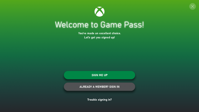 Game Pass-Anmeldebildschirm