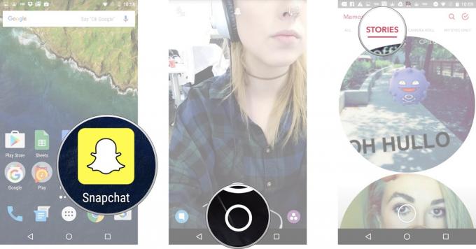 Inicie Snapchat desde su pantalla de inicio y toque el círculo blanco más pequeño debajo del botón del obturador para acceder a Memories. Toque la pestaña Historias en la parte superior de la pantalla.