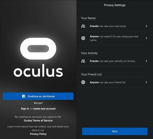 Pantalla de configuración de Oculus Quest