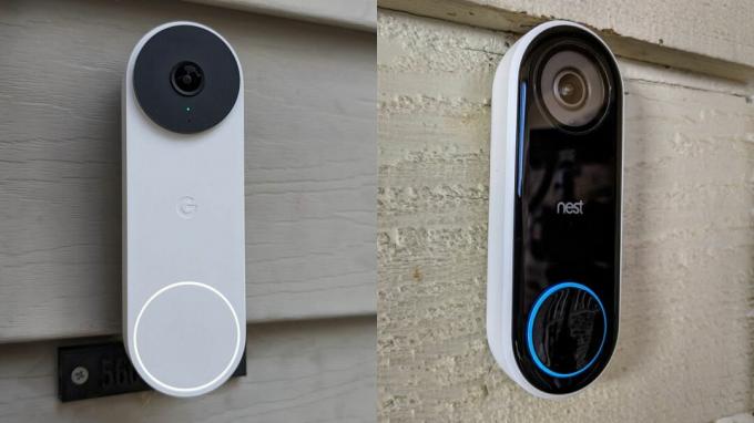 2 kartos „Google Nest Doorbell“ ir „Google Nest Hello Video Doorbell“.