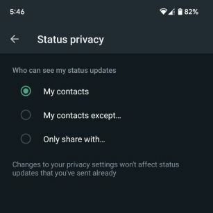 Setări de confidențialitate pentru starea WhatsApp