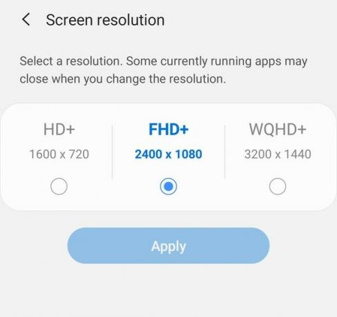Samsungi ekraani eraldusvõime seaded