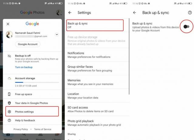 Steg som visar hur du aktiverar säkerhetskopiering och synkronisering på Google Foto för Android