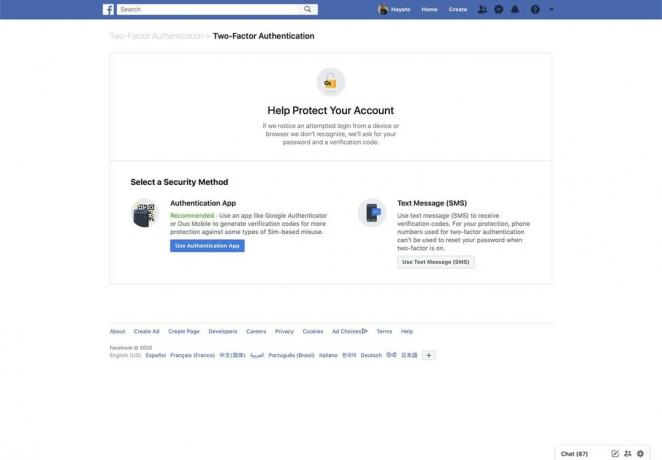 Nastavitev dvofaktorske avtentikacije Facebook