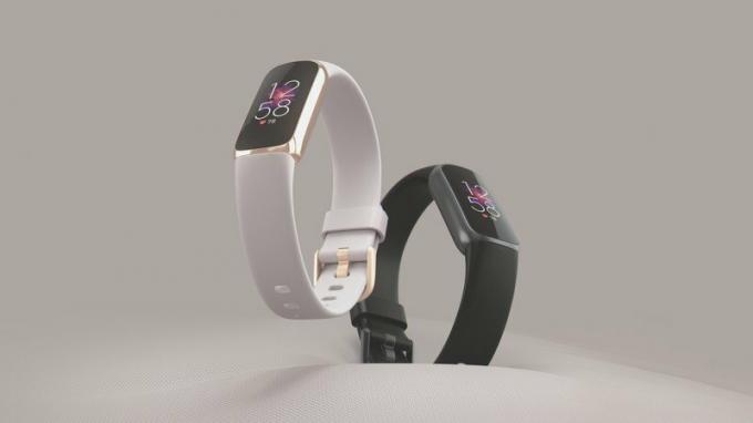 Fitbit Luxe Laydown Held Duo Lunar White Black Center
