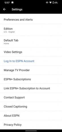 Configurações do aplicativo ESPN