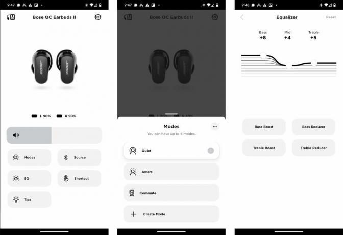 Capturas de tela do aplicativo Bose para fones de ouvido QuietComfort II.