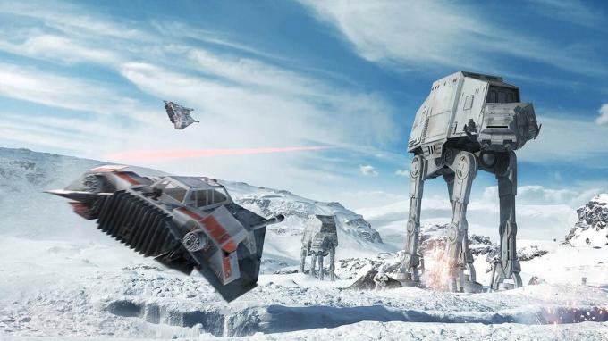 Star Wars a Snowspeeder závodiace smerom k AT-AT