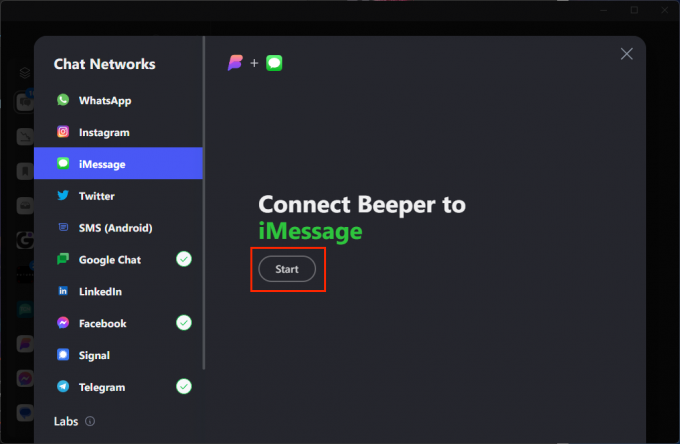 Cliquez sur Démarrer pour commencer l'intégration d'iMessage avec Beeper