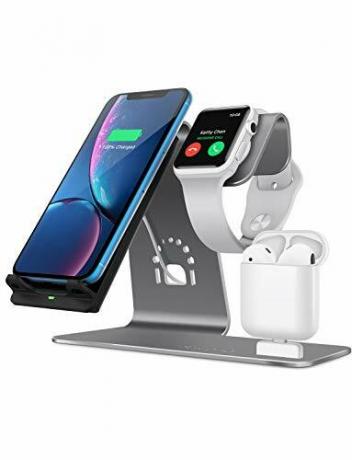 Bestand 3 in 1 Aluminium Stand for Apple iWatch، Charging Station for Airpods، Qi Fast Wireless Charger Dock for Apple iWatch / iPhone X / 8 Plus / 8، Samsung S8، رمادي