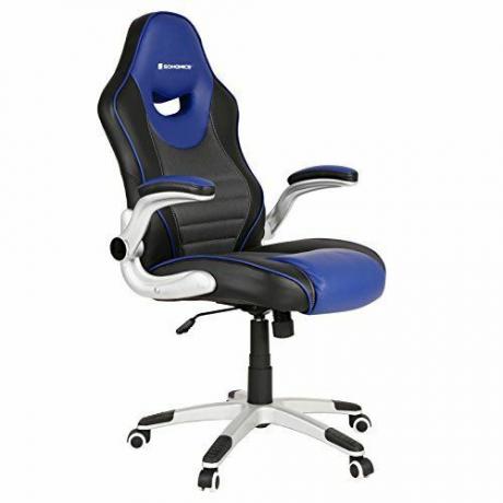 כיסא משרדי SONGMICS ארגונומי למשחקים, כיסא מירוץ מתכוונן לגובה, משטח נושם, עם תמיכת מותני מובנית, משענת גב גבוהה, פונקציית נדנדה, שחור, כחול, UOBG63BQ