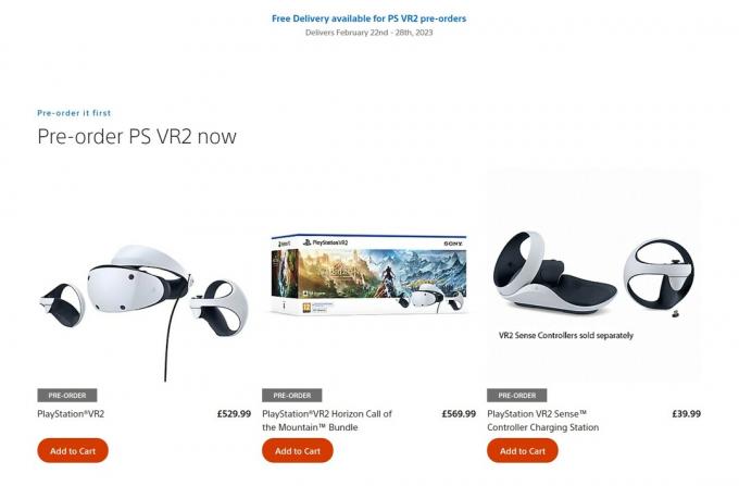 Stran za prednaročila za PS VR2 v Veliki Britaniji
