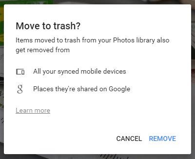 Boîte de dialogue de suppression de Google Photos