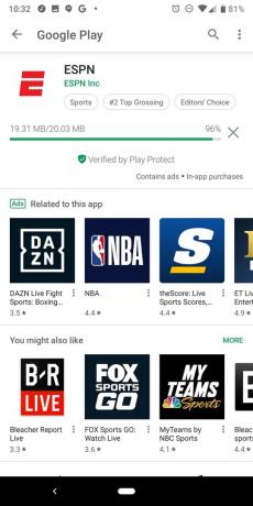 אפליקציית ESPN חנות Android Play התקנת התקדמות