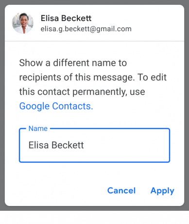Dialog pro změnu jména v Gmailu