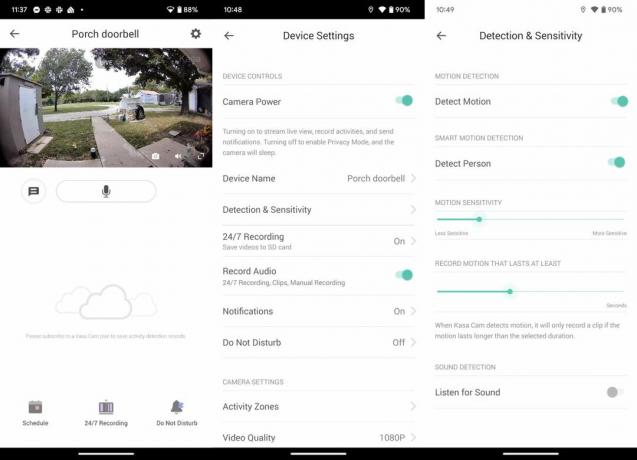 A Kasa Smart Video Doorbell alkalmazás képernyőképei