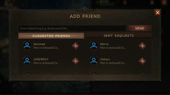 Diablo Immortal barát hozzáadása képernyő