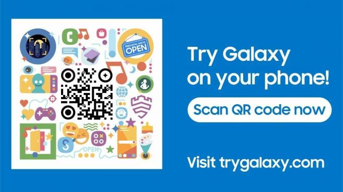 Samsung lietotnes Try Galaxy QR kods simulētas Galaxy ierīces izmēģināšanai.