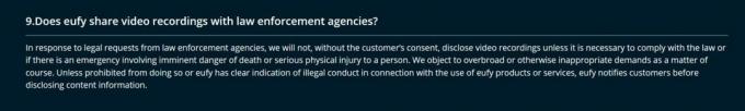 Odstránené vyhlásenie o zdieľaní záberov s orgánmi činnými v trestnom konaní na stránke Eufy's Privacy Policy
