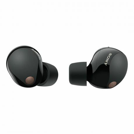 Renderização dos fones de ouvido pretos Sony WF-1000XM5.
