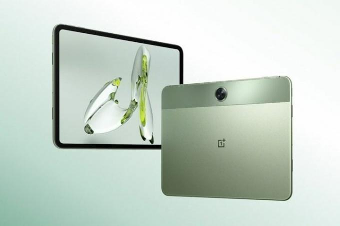 Beim Rendern des OnePlus Pad Go werden die zweifarbige grüne Rückseite und der Bildschirm des Tablets angezeigt