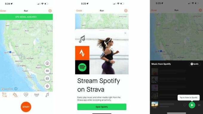 Näyttökaappaukset, joissa näytetään, kuinka Spotify synkronoidaan Stravaan