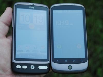 HTC Desire com SLCD (à esquerda) e Nexus One com AMOLED